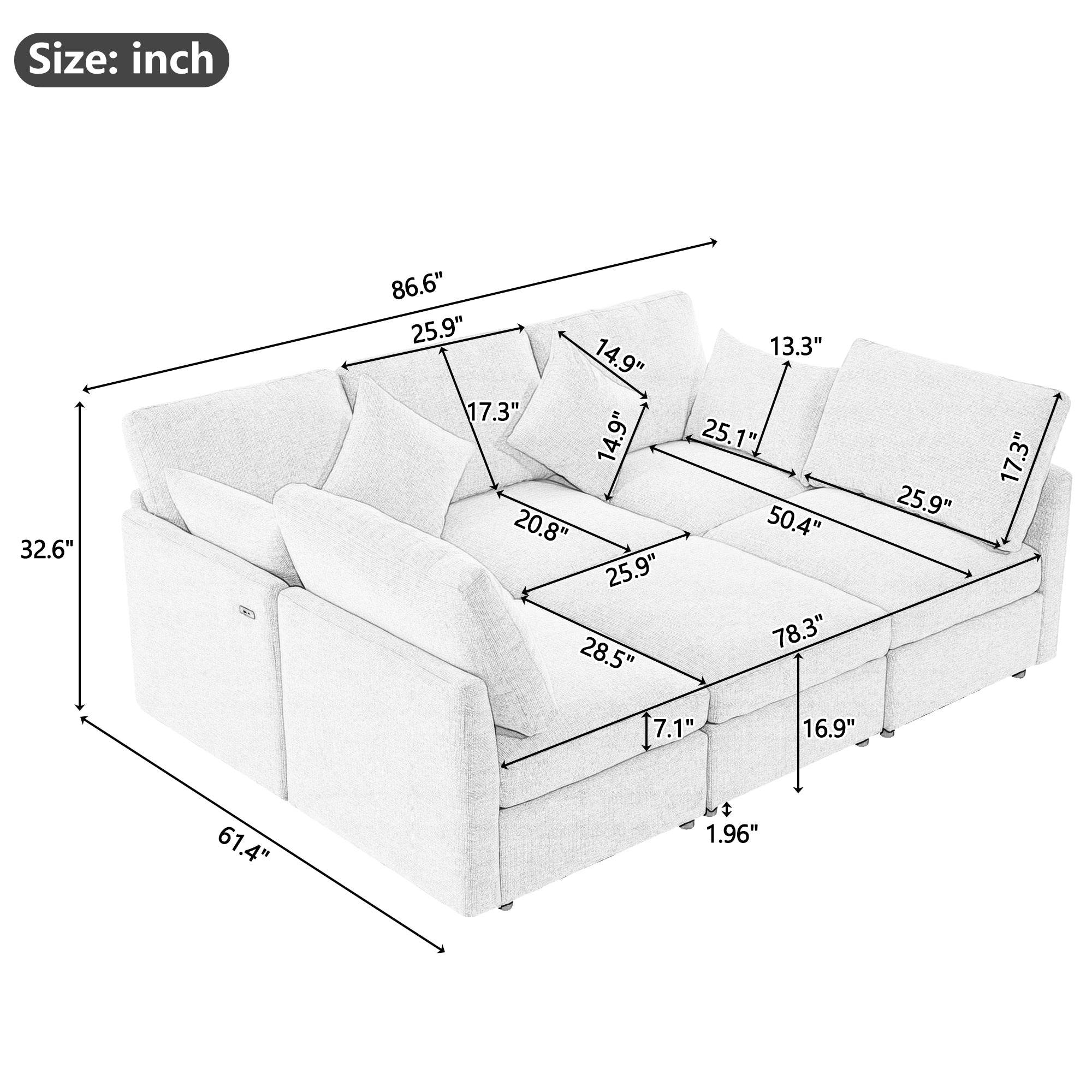 Stylish Modular U-Shaped Sectional Sofa with USB Ports, Black Chenille, 86.6' - Grand Goldman Shop
