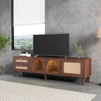Dark Brown Rattan-inspired TV Stand with 3 Cabinets & 2 Drawers, LED Light Media Console for TVs up to 80'', MDF & Solid Wood Construction - Grand Goldman Shop