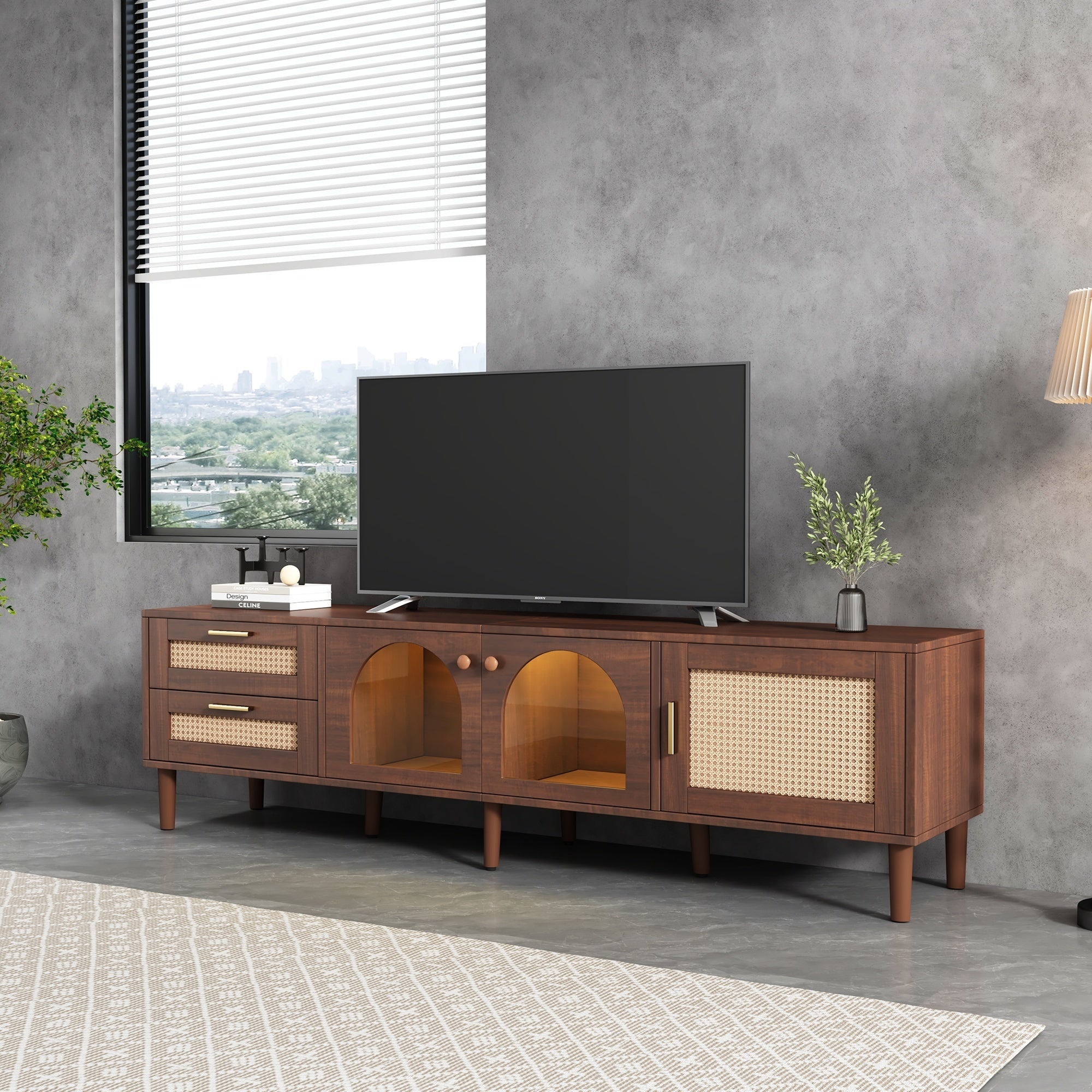 Dark Brown Rattan-inspired TV Stand with 3 Cabinets & 2 Drawers, LED Light Media Console for TVs up to 80'', MDF & Solid Wood Construction - Grand Goldman Shop