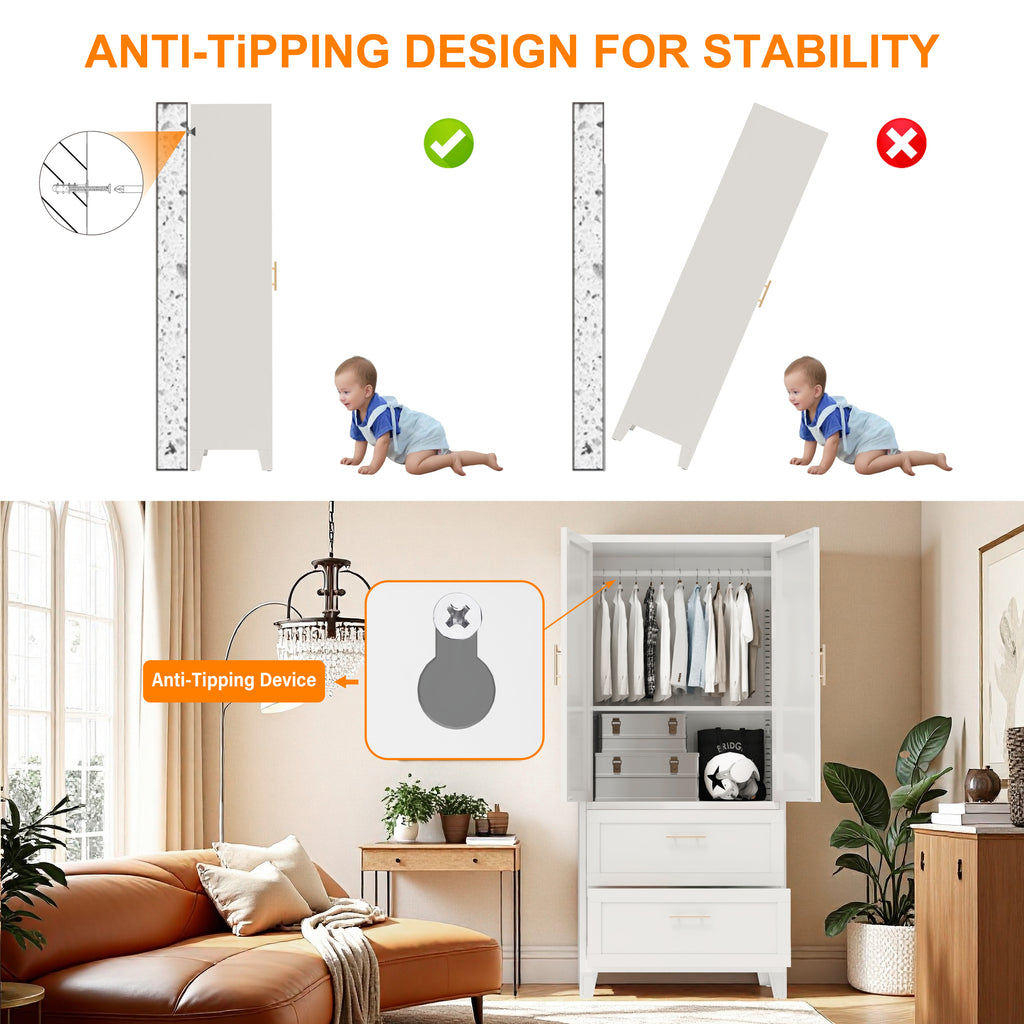 71' Tall Metal Wardrobe Cabinet with 2 Drawers and Hanging Rod, 2 Doors Wardrobe Closet with Shelf for Bedroom, Office, Laundry Room,Entryway ,Foyer,Guesthouse (White) - Grand Goldman Shop