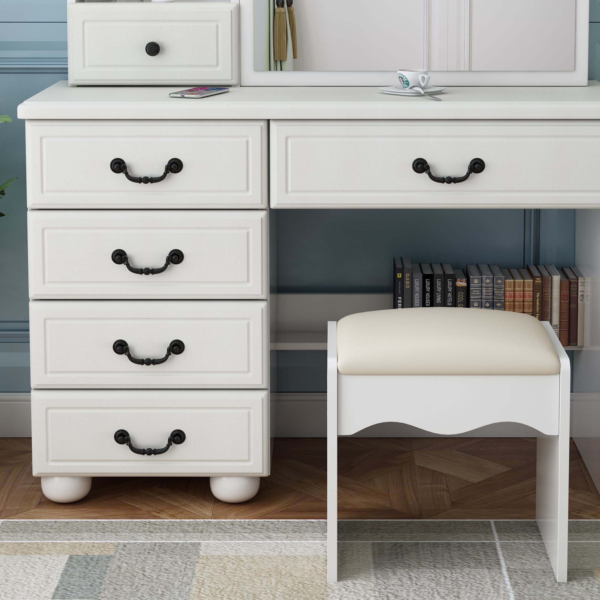 Fashion Vanity Desk with Mirror and Adjustable Lighting in White MDF, 6 Drawers, 3 Color Light Modes - Grand Goldman Shop