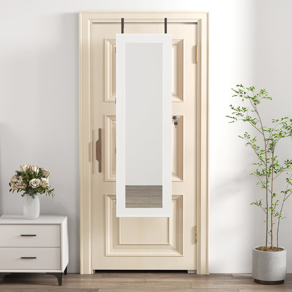 White Solid Wood Jewelry Armoire Organizer with Full-Length Mirror, Wall-Mounted Lockable Cabinet with LED Light, 47.5x14.3 in - Grand Goldman Shop