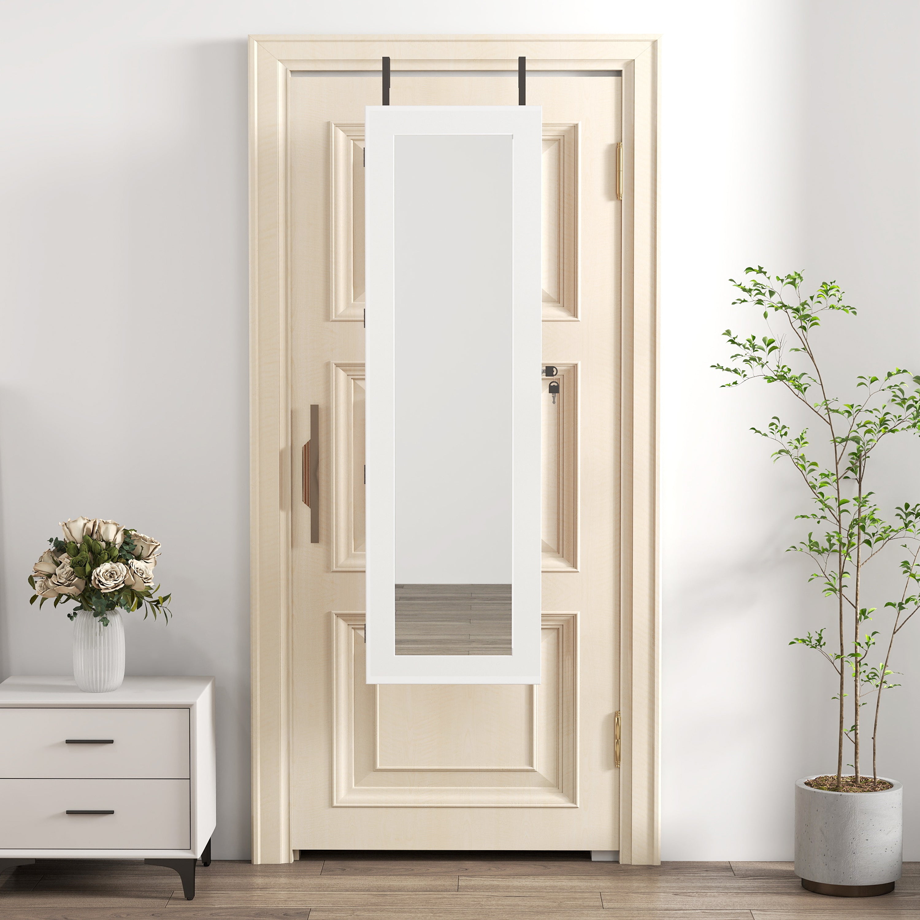 White Solid Wood Jewelry Armoire Organizer with Full-Length Mirror, Wall-Mounted Lockable Cabinet with LED Light, 47.5x14.3 in - Grand Goldman Shop