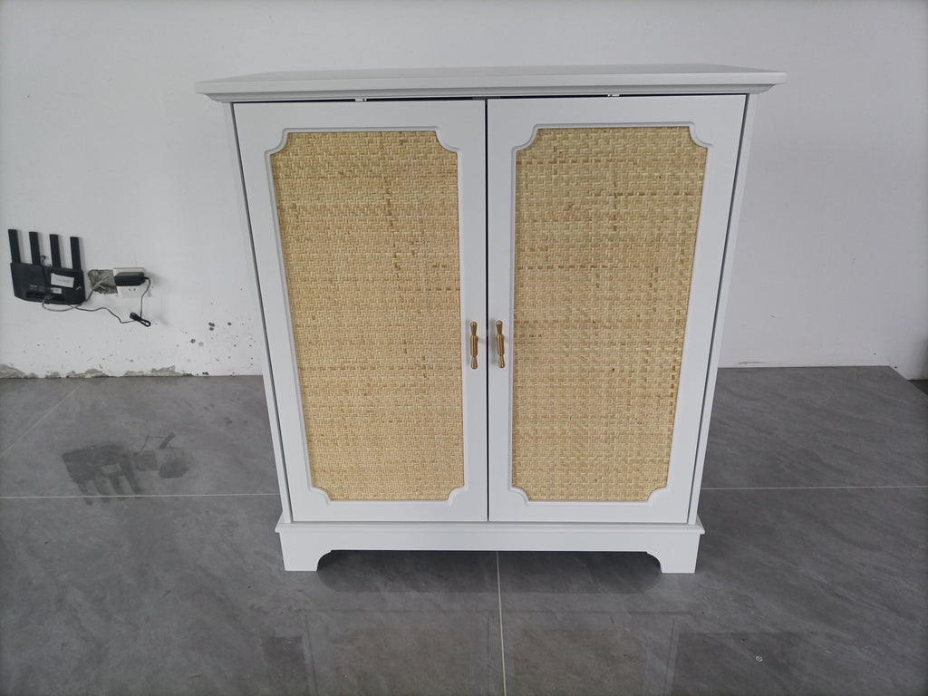 Rattan Decorated Sideboard Buffet Storage Liquor Cabinet, White Particle Board & MDF, 31.10 x 14.96 x 34.25 inches - Grand Goldman Shop