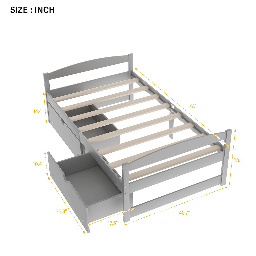 Gray Twin Size Platform Bed with Two Drawers, Pine Wood and MDF Construction - Grand Goldman Shop