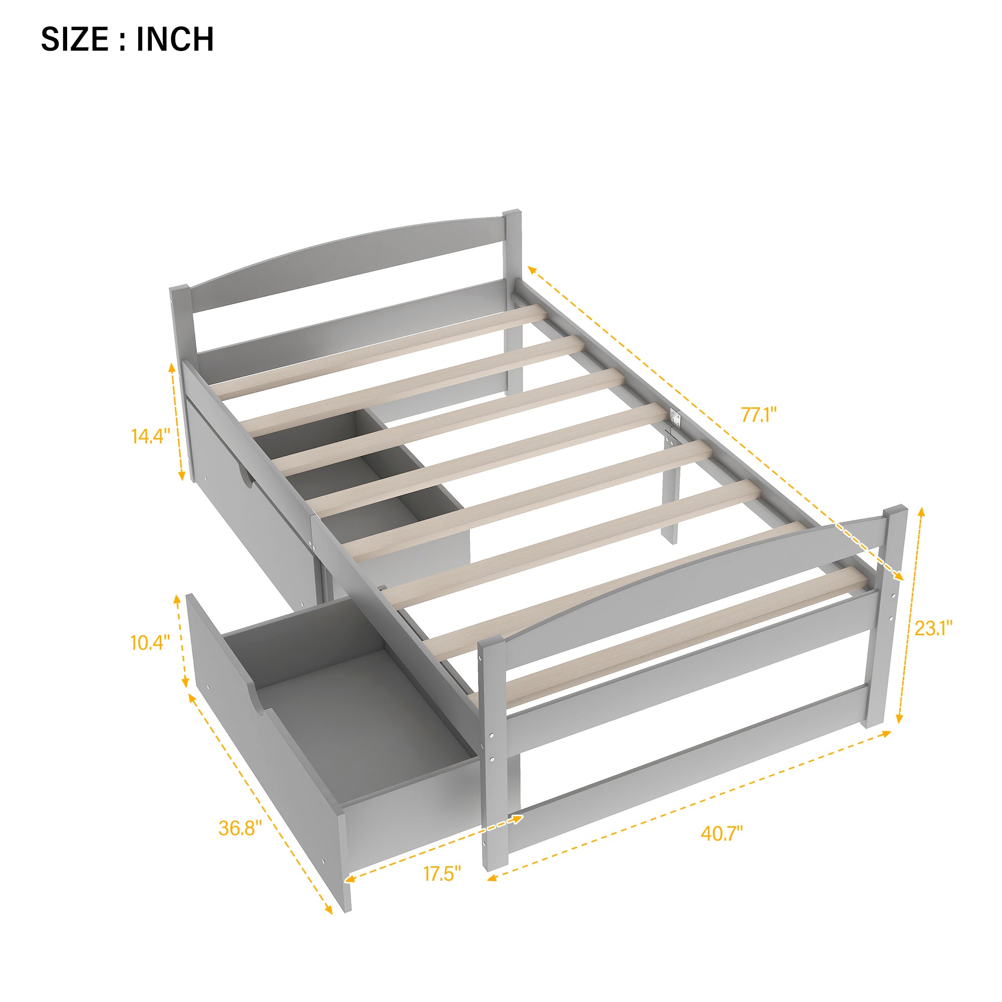 Gray Twin Size Platform Bed with Two Drawers, Pine Wood and MDF Construction - Grand Goldman Shop