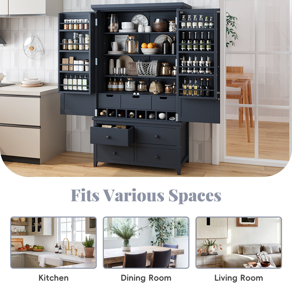 [Assembly&Show Video Available] TOPMAX Freestanding Large Kitchen Pantry Wooden Kitchen Storage Cabinet Cupboard with 8 Door Shelves,3 Adjustable Shelves,7 Drawers& 8 Wine Racks, Gray - Grand Goldman Shop