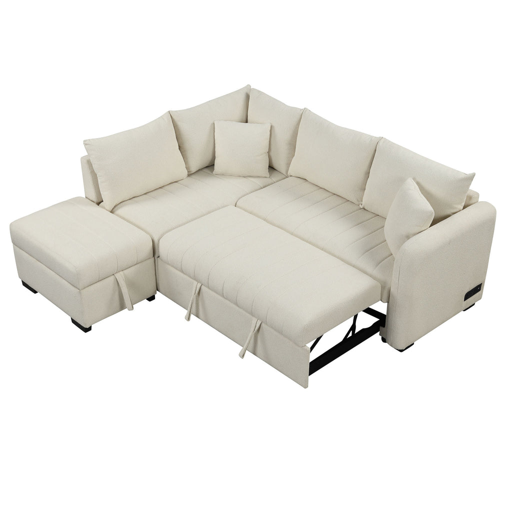 Modern L-shaped Sectional Pull Out Sofa Bed with USB Ports and Storage Ottoman, Beige, Jacquard Fabric, 82.6' - Grand Goldman Shop