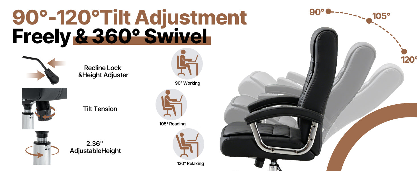 Executive Office Chair High Back PU Leather Desk Chair with Spring Seat Cushion, Ergonomic Swivel Computer Chair with Chrome 