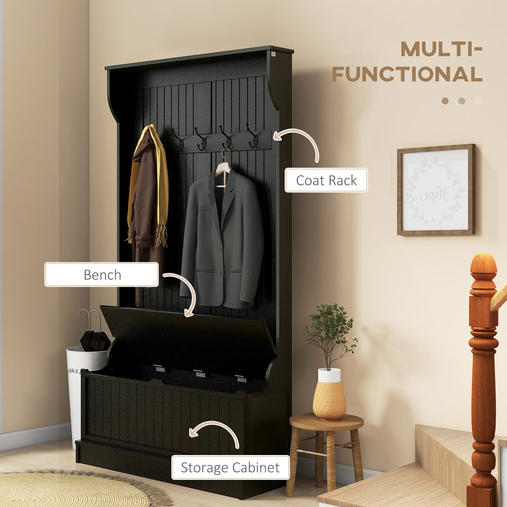 HOMCOM 3-In-1 Entryway Hall Tree with Storage Bench, Coat Rack with Four Hooks and Shoe Storage, Black - Grand Goldman Shop