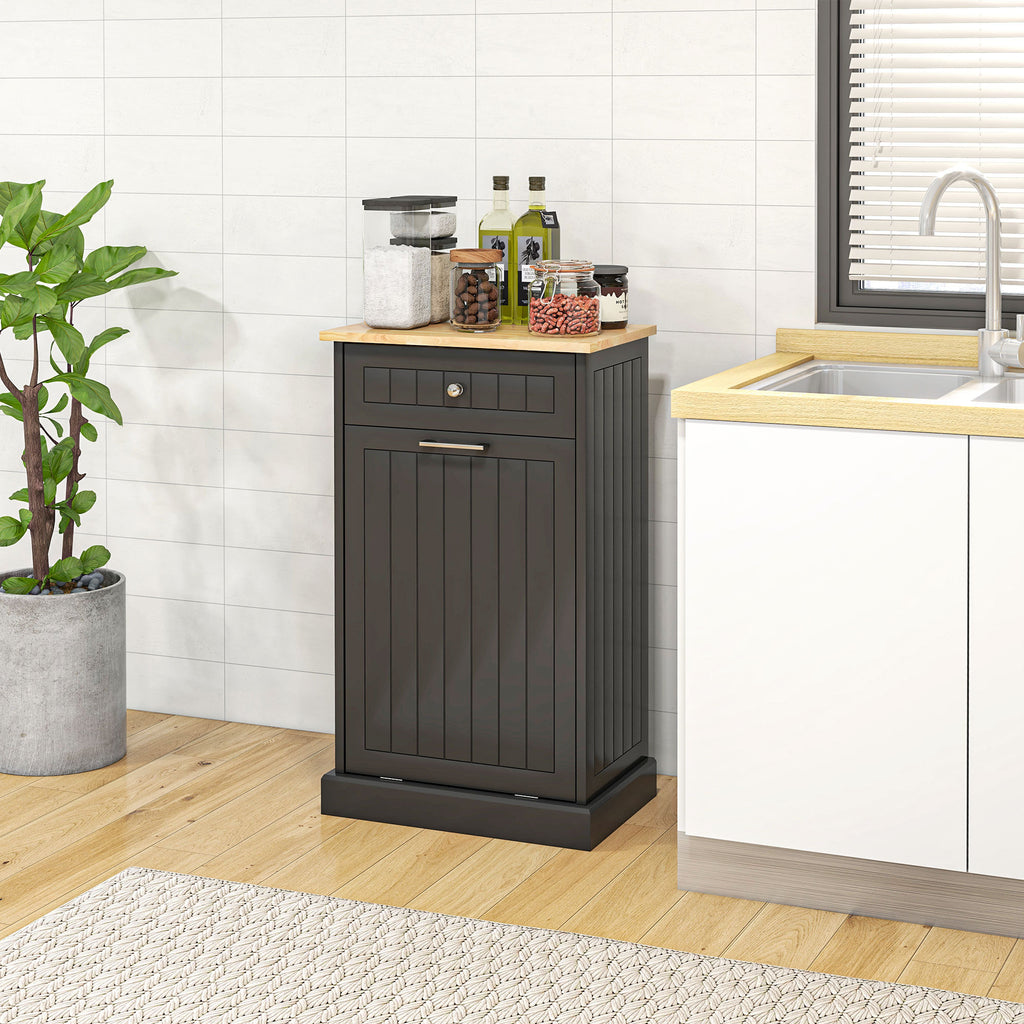 HOMCOM Kitchen Tilt Out Trash Bin Cabinet Free Standing Recycling Cabinet Trash Can Holder With Drawer, Black - Grand Goldman Shop