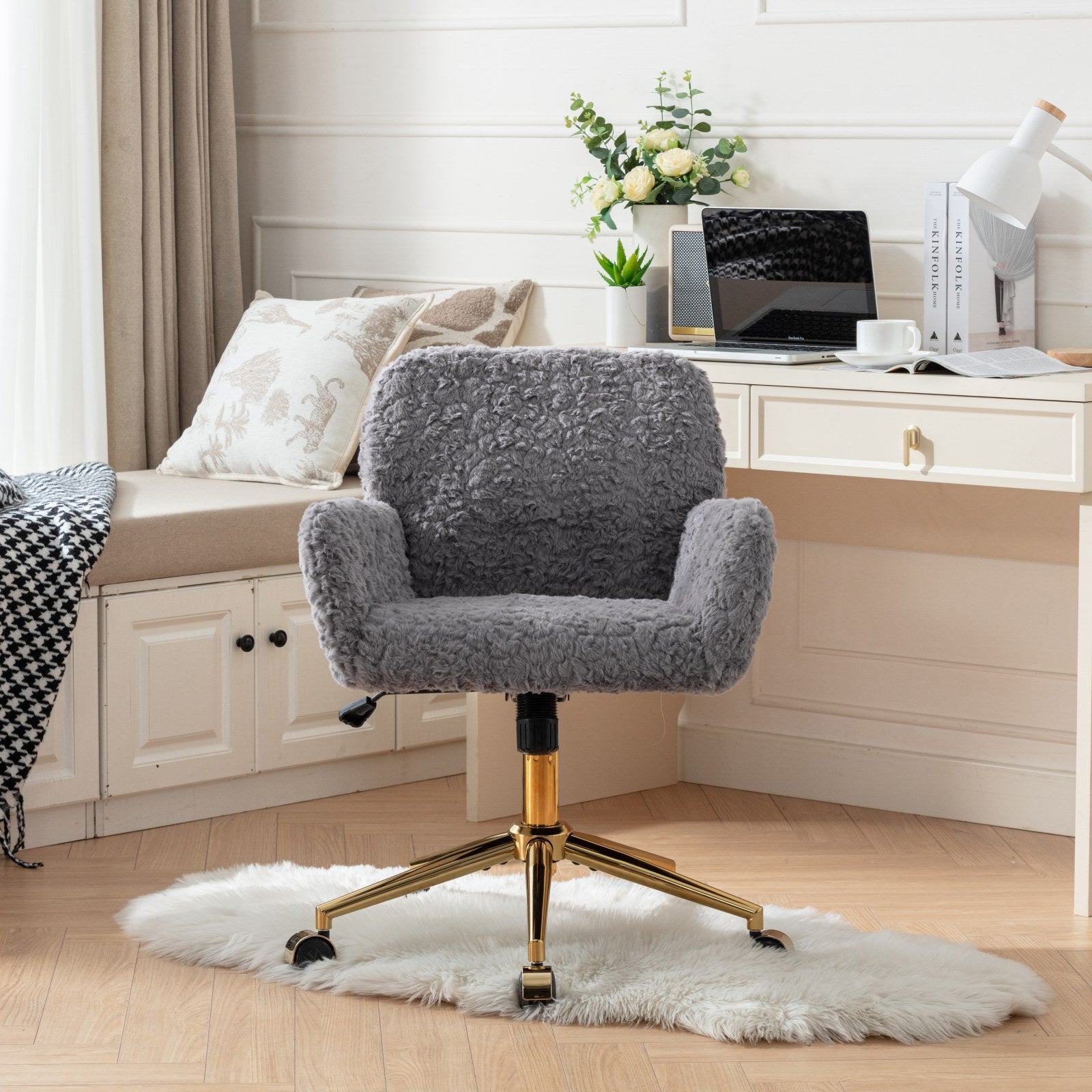 A&A Furniture Gray Adjustable Desk Chair with Artificial Rabbit Hair and Golden Metal Base - Shop Quality Furniture at Grand 