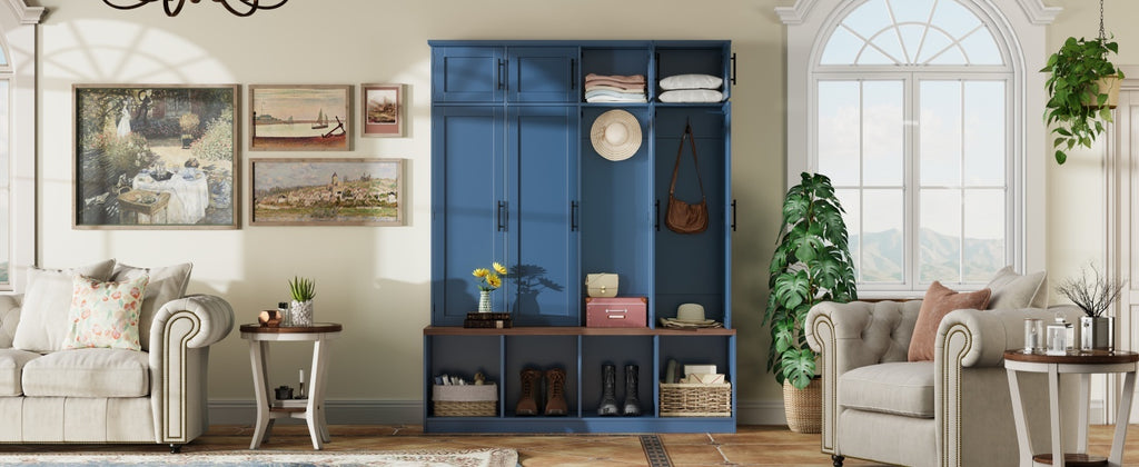 Farmhouse Hall Tree with 4 Hidden Hanging Hooks, Versatile Walnut Seating Bench with 8 Doors, Entryway Shoe Cabinet with Open Compartment for Living Room, Blue (OLD SKU:N721S000059C) - Grand Goldman Shop