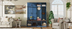 Farmhouse Hall Tree with 4 Hidden Hanging Hooks, Versatile Walnut Seating Bench with 8 Doors, Entryway Shoe Cabinet with Open Compartment for Living Room, Blue (OLD SKU:N721S000059C) - Grand Goldman Shop