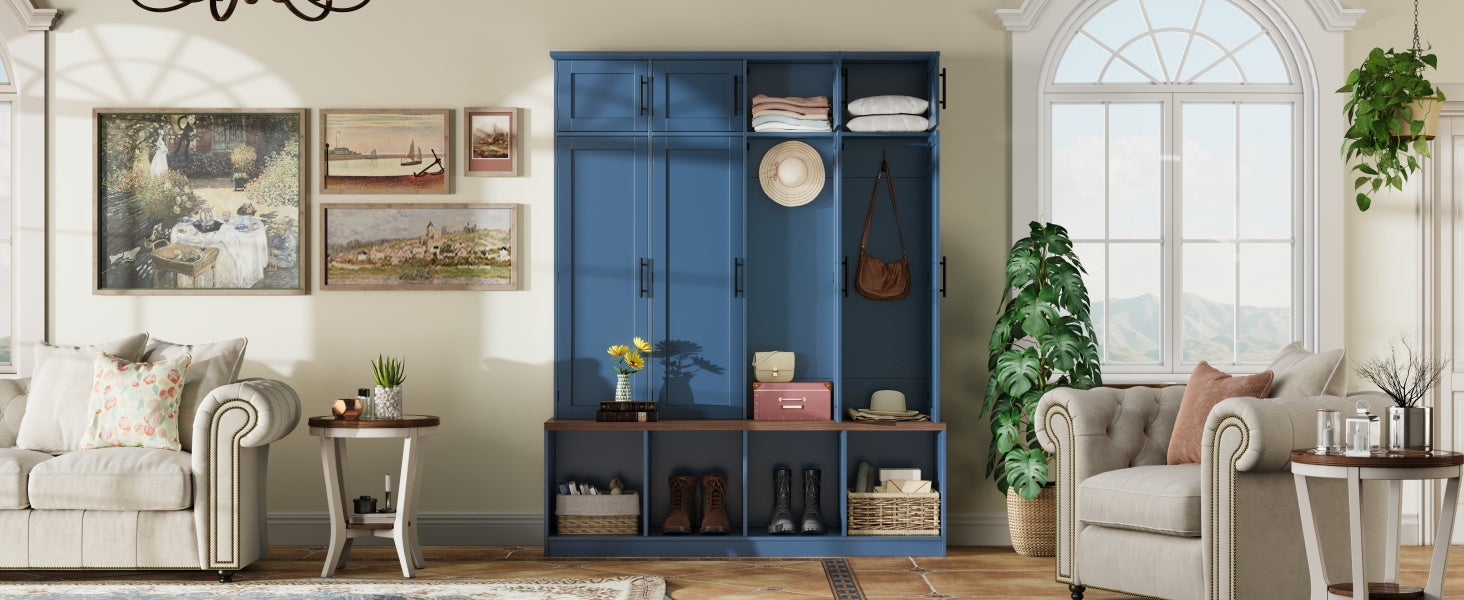 Farmhouse Hall Tree with 4 Hidden Hanging Hooks, Versatile Walnut Seating Bench with 8 Doors, Entryway Shoe Cabinet with Open Compartment for Living Room, Blue (OLD SKU:N721S000059C) - Grand Goldman Shop