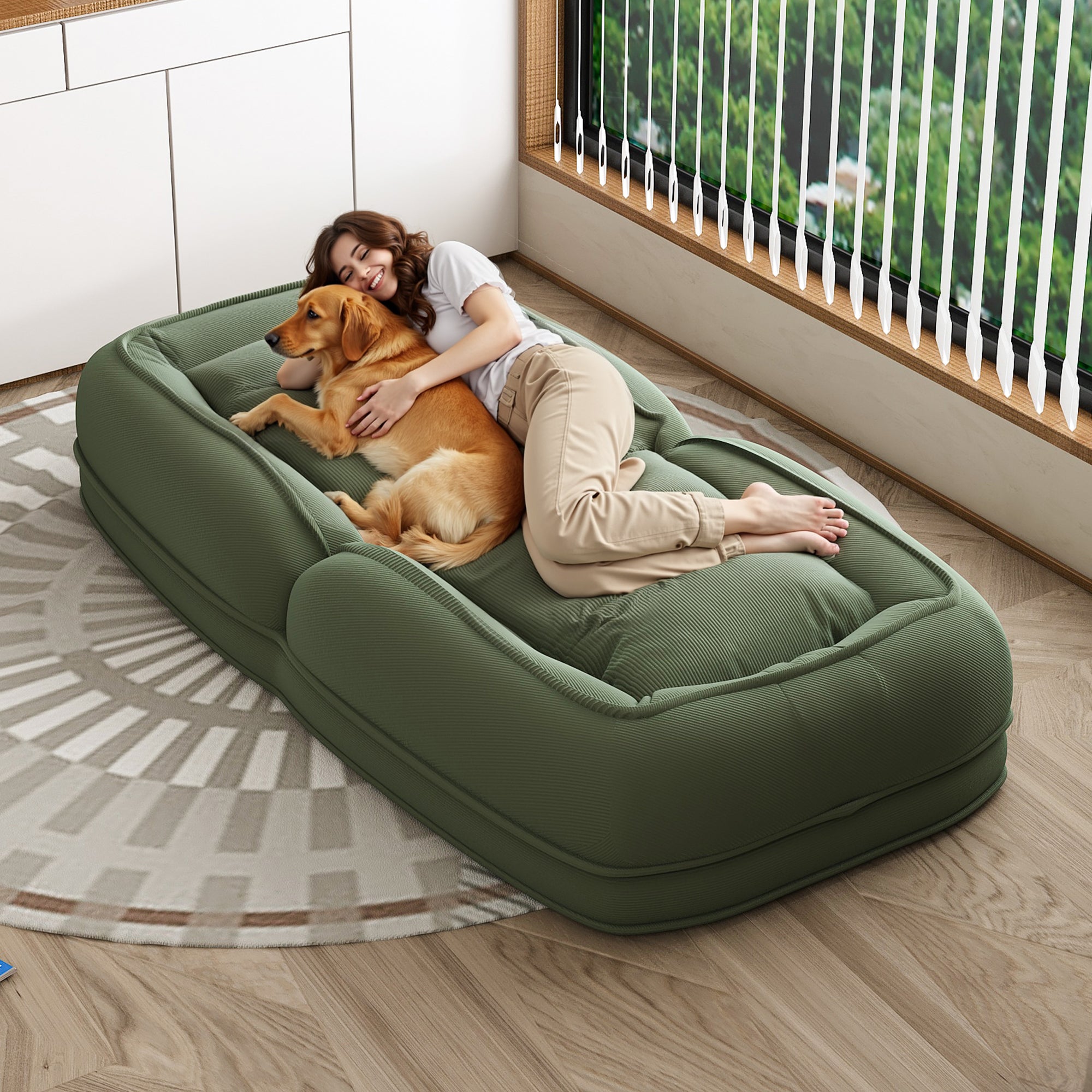 Green Upholstered Human Dog Bed with 5 Adjustable Positions, Foldable Lazy Sofa Bed for Adults and Pets, Includes 2 Soft Pillows for Bedroom, Living Room, Reading Corner - Grand Goldman Shop
