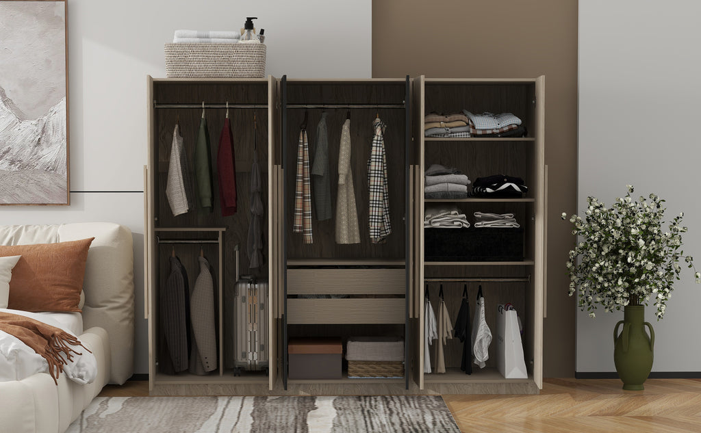 6-Doors Wooden Wardrobe Storage for Bedroom,with 2 Drawers Inside,Black+Nature - Grand Goldman Shop