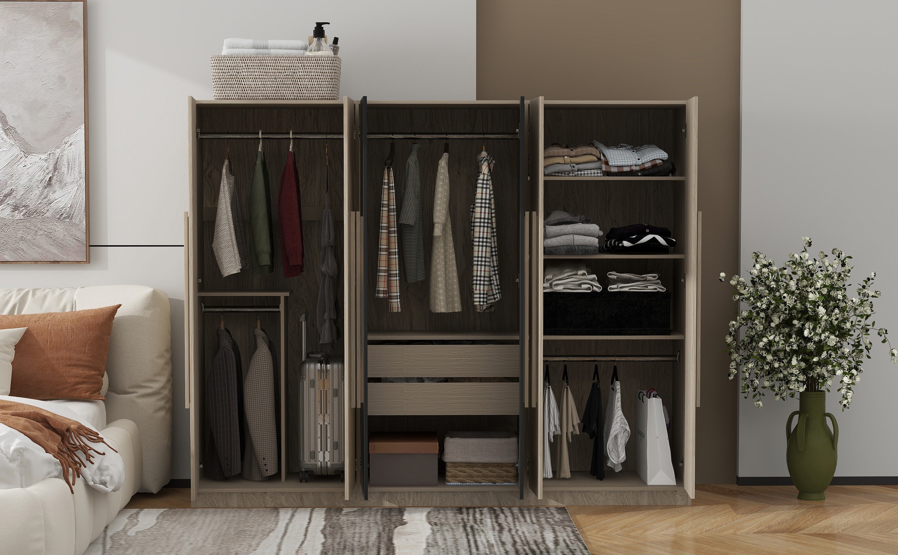 6-Doors Wooden Wardrobe Storage for Bedroom,with 2 Drawers Inside,Black+Nature - Grand Goldman Shop