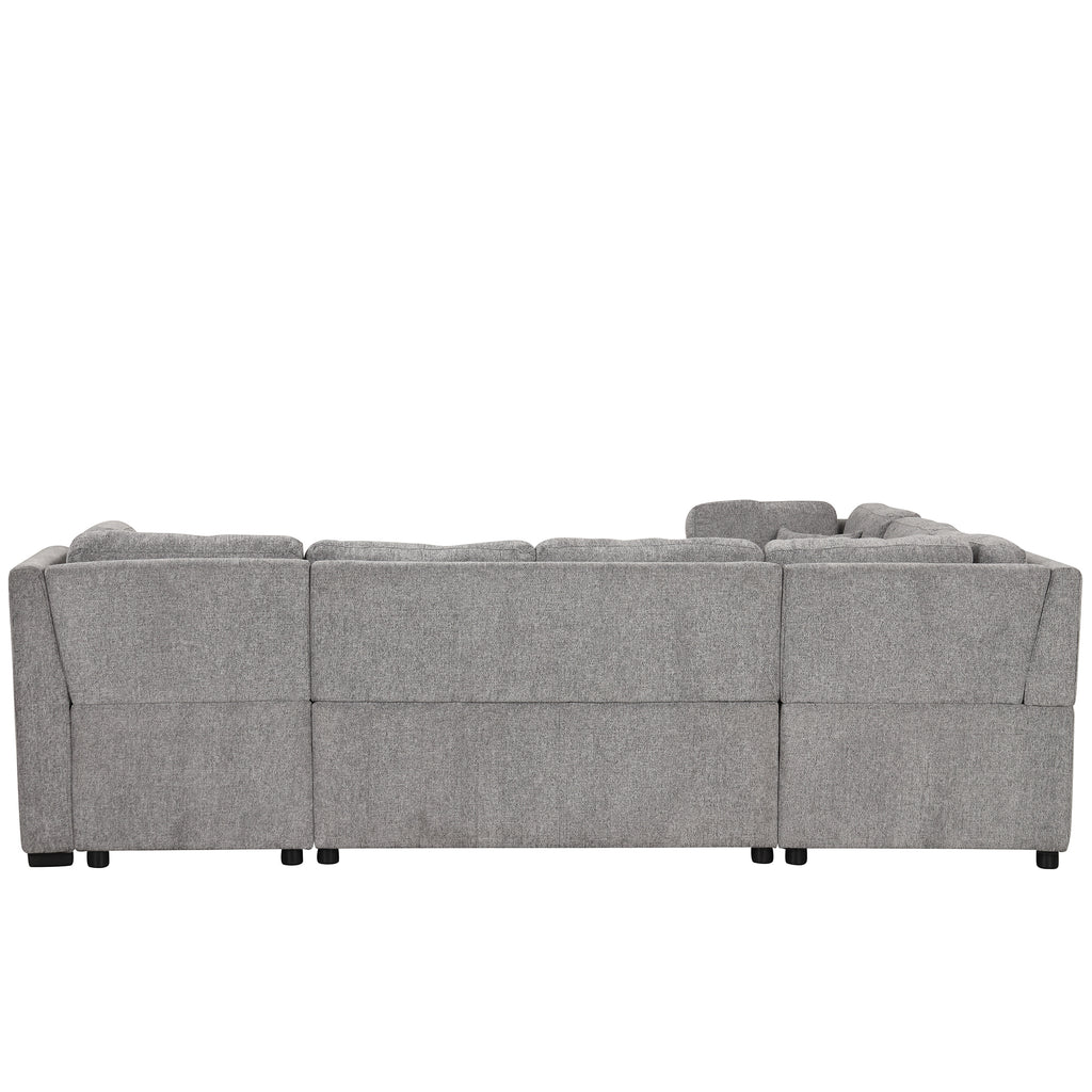 U-shaped Sectional Sofa Pull out Sofa Bed with USB Ports, Power Sockets, Storage Chaise, Light Gray Chenille, 108.6' - Grand Goldman Shop