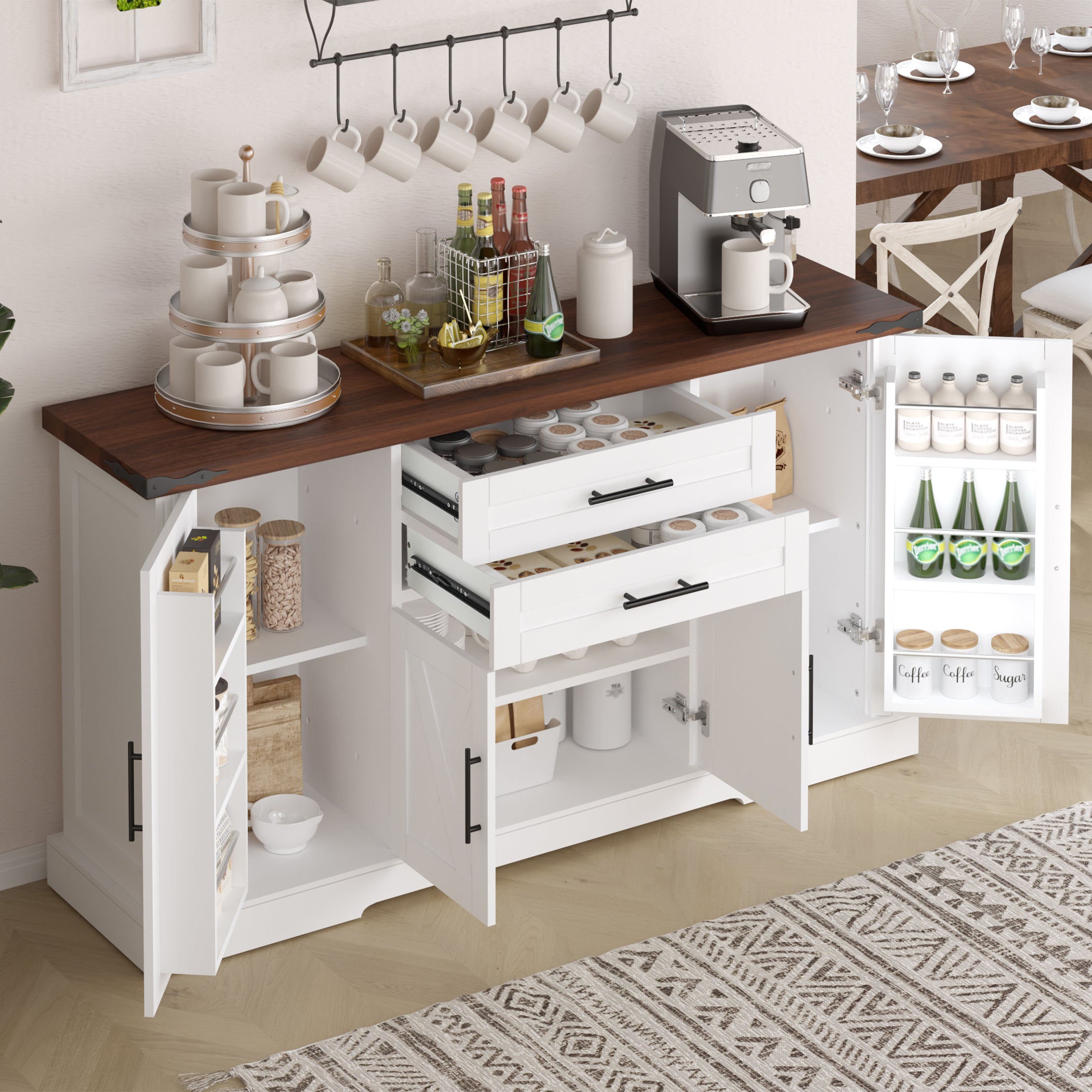 White Farmhouse Barn Door Storage Cabinet with 2 Drawers & Door Rack, Adjustable Shelves, MDF Construction, 63.11' L x 15.75' W x 32.09' H - Grand Goldman Shop
