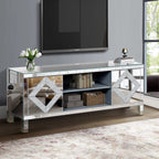 Mirrored TV Stand for 65+ inch TV,Sliver TV Console Table with Open Storage & 2 Storage Cabinets ,Diamond Shape Sparkling Mirror Doors for Living Room(59''W x 25.2''H x 15.7D) - Grand Goldman Shop