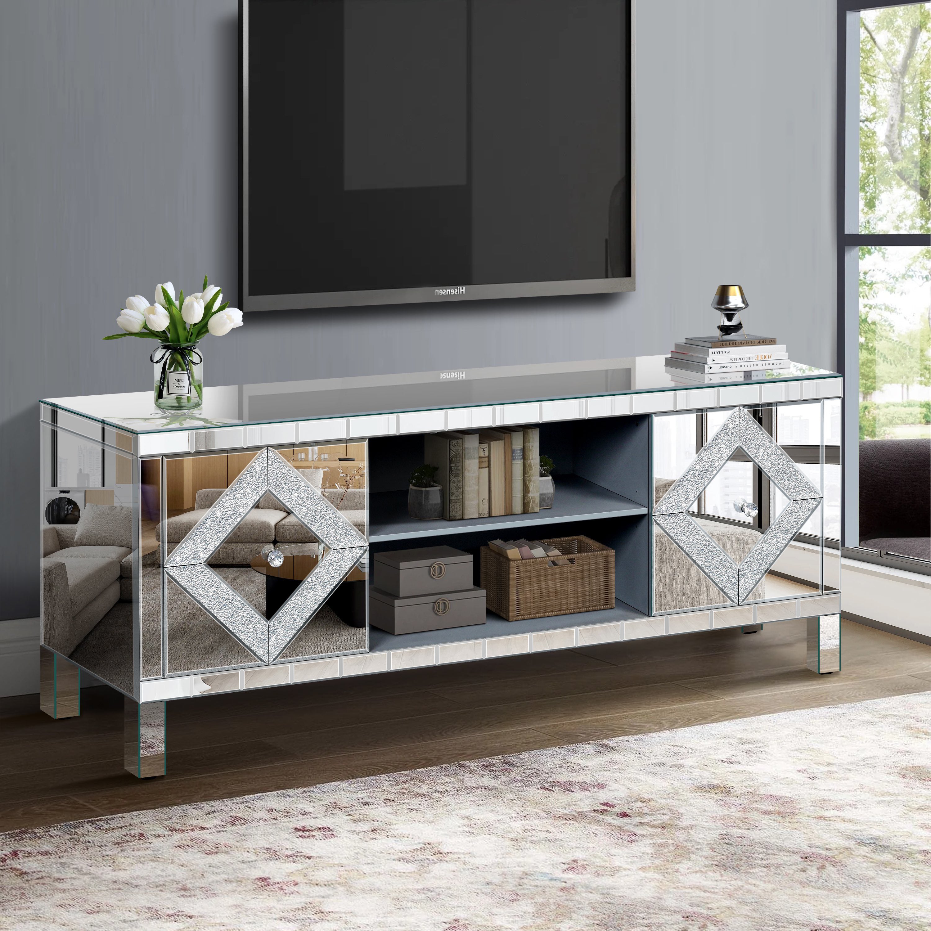 Mirrored TV Stand for 65+ inch TV,Sliver TV Console Table with Open Storage & 2 Storage Cabinets ,Diamond Shape Sparkling Mirror Doors for Living Room(59''W x 25.2''H x 15.7D) - Grand Goldman Shop