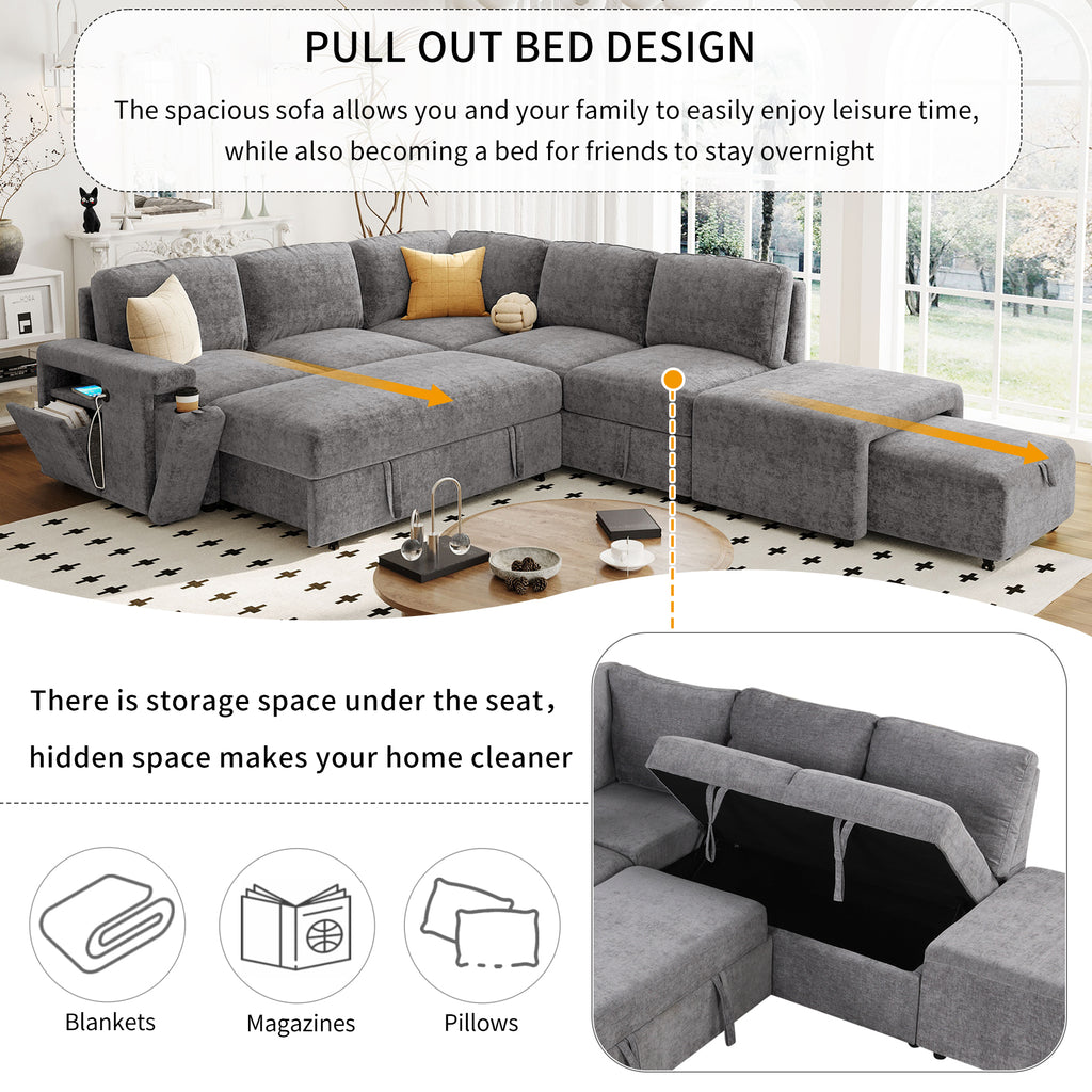U_STYLE L-shaped Pull-Out Sofa Bed with Storage, USB Ports, and Cup Holders, Modular Design for Living Rooms, Offices & Apartments - Grand Goldman Shop