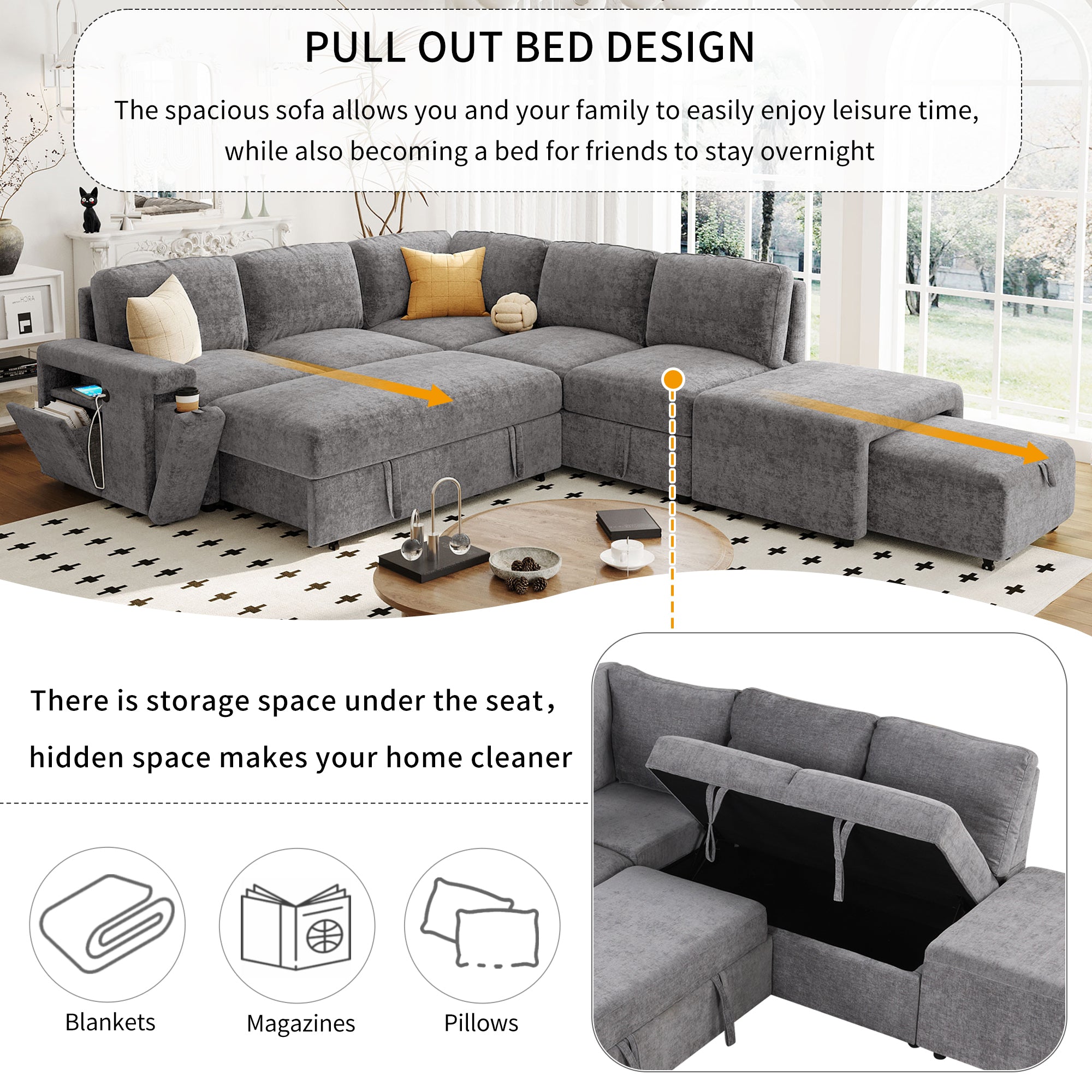 U_STYLE L-shaped Pull-Out Sofa Bed with Storage, USB Ports, and Cup Holders, Modular Design for Living Rooms, Offices & Apartments - Grand Goldman Shop