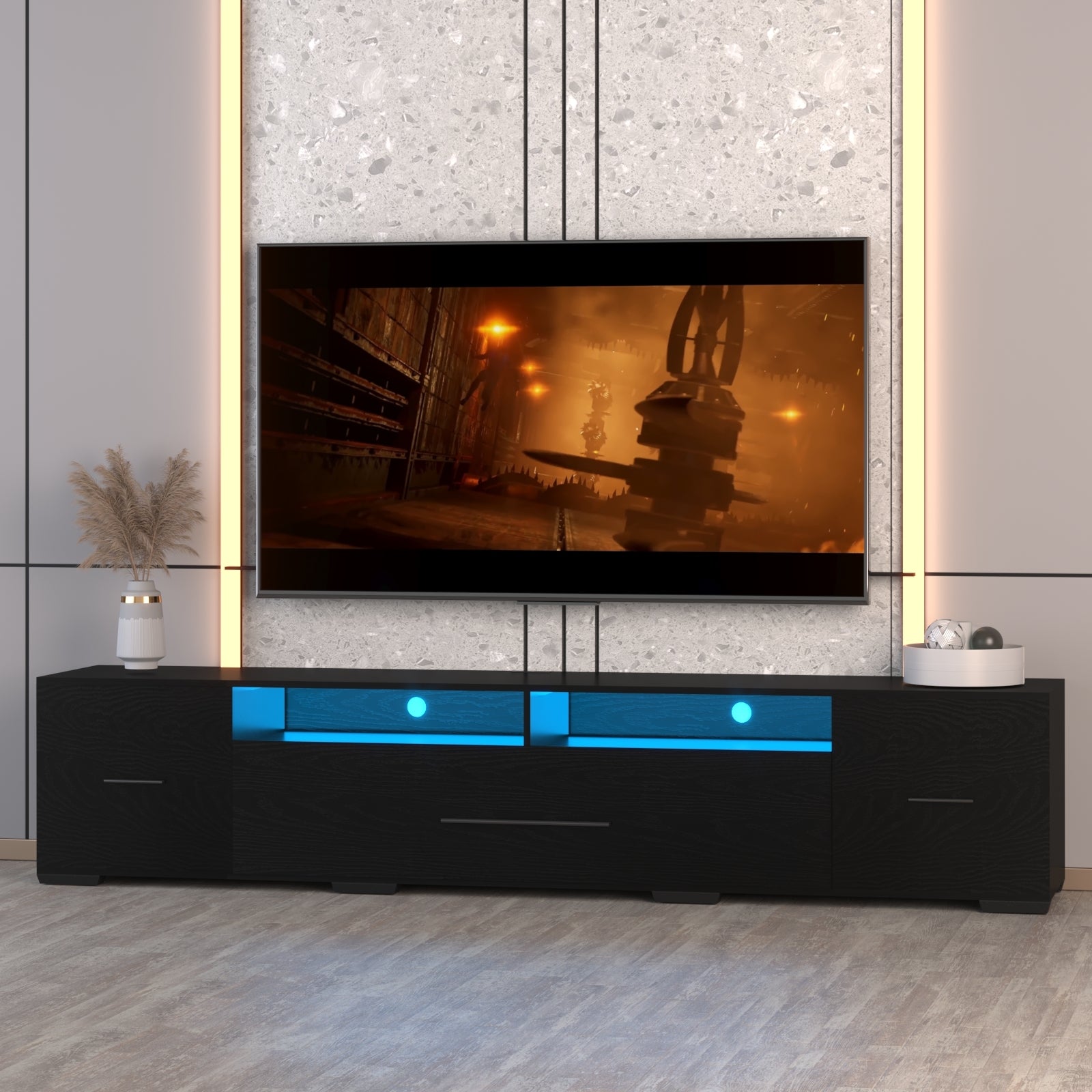[Video] TV Console with Storage Cabinets, Remote, APP Control Long LED TV Stand, Full RGB Color Selection, 31 Modes Changing Lights Modern Entertainment Center with Power Cord (Black, for 80 inches) - Grand Goldman Shop