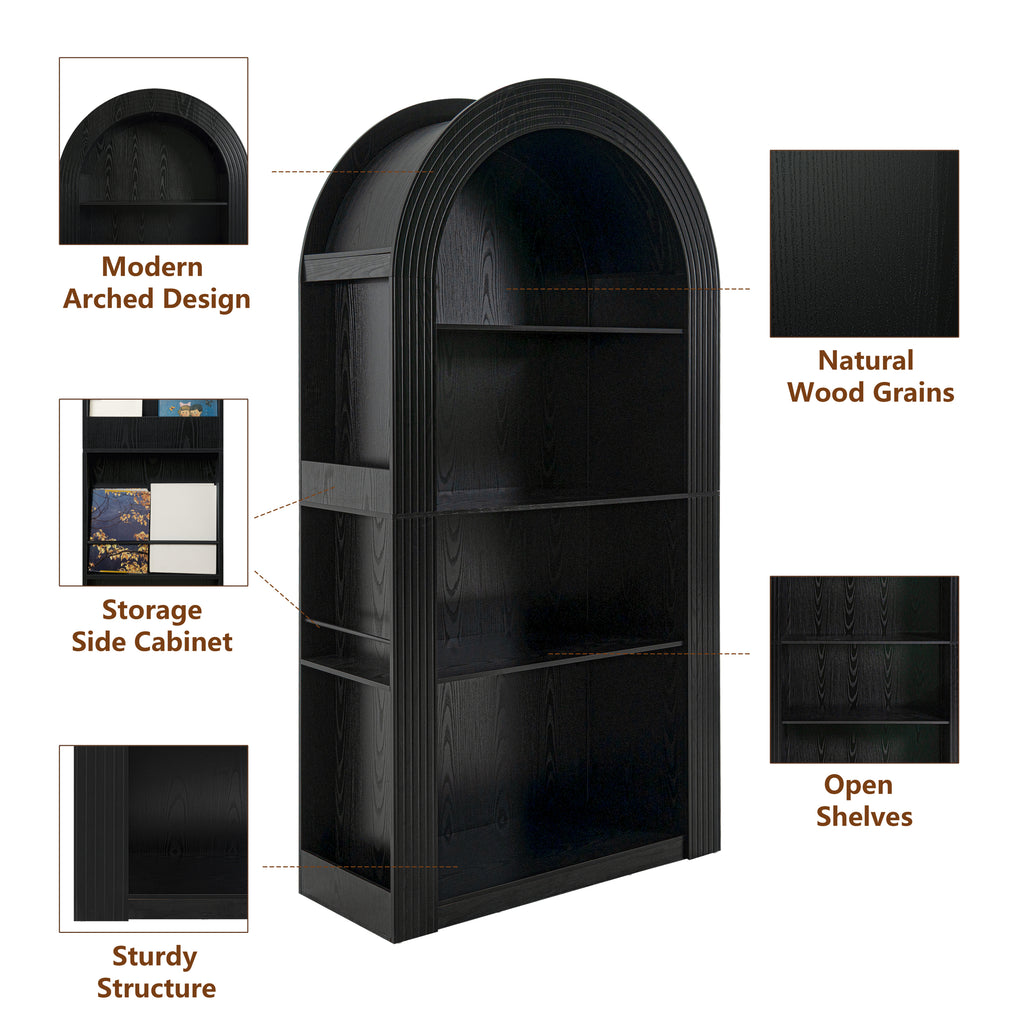 78.74' Tall Arched Bookcase, Mid Century Modern 4-Tier Arched Storage Bookcase with Open Display Storage Shelf for Dining Room, Living Room,Bedroom (Black) - Grand Goldman Shop