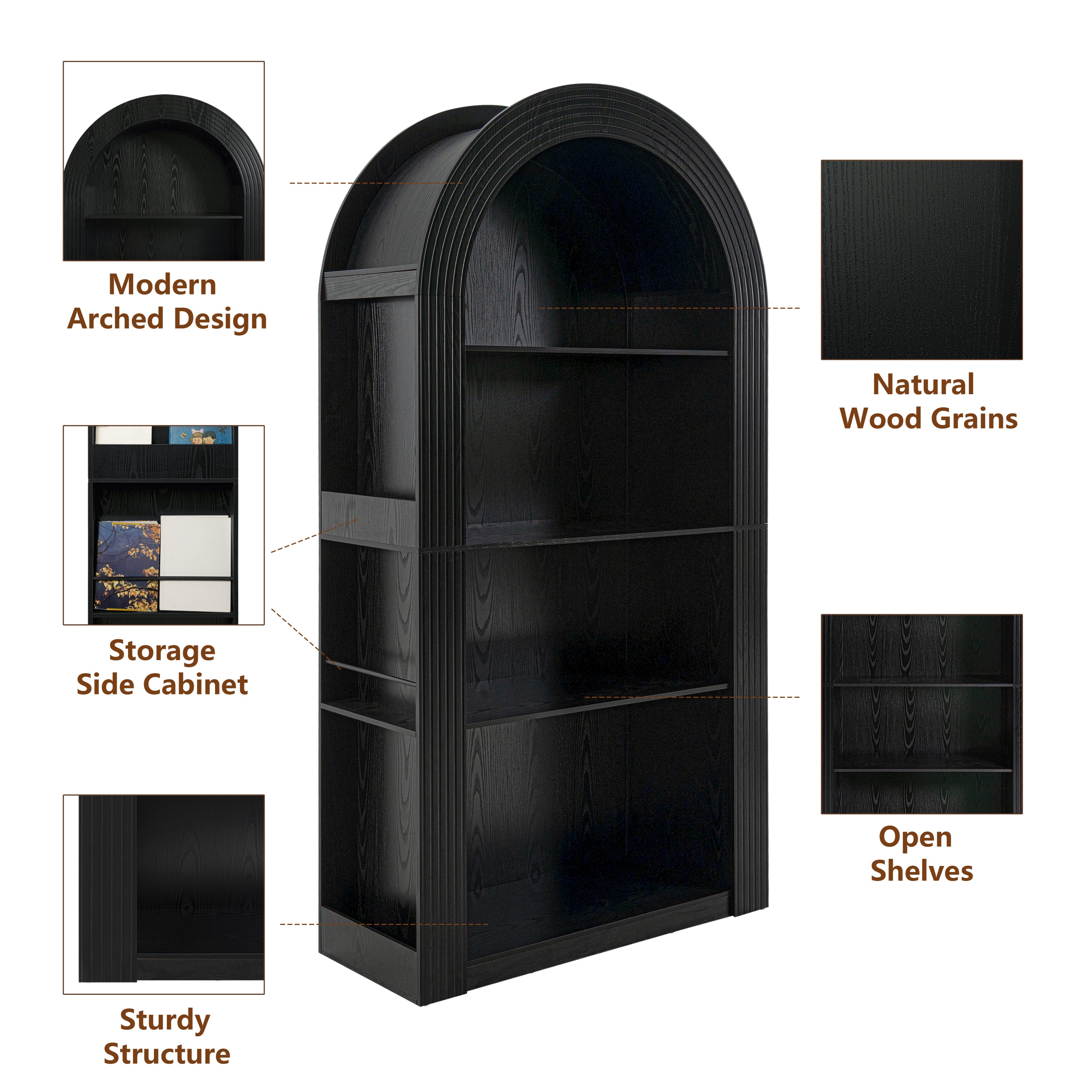 78.74' Tall Arched Bookcase, Mid Century Modern 4-Tier Arched Storage Bookcase with Open Display Storage Shelf for Dining Room, Living Room,Bedroom (Black) - Grand Goldman Shop