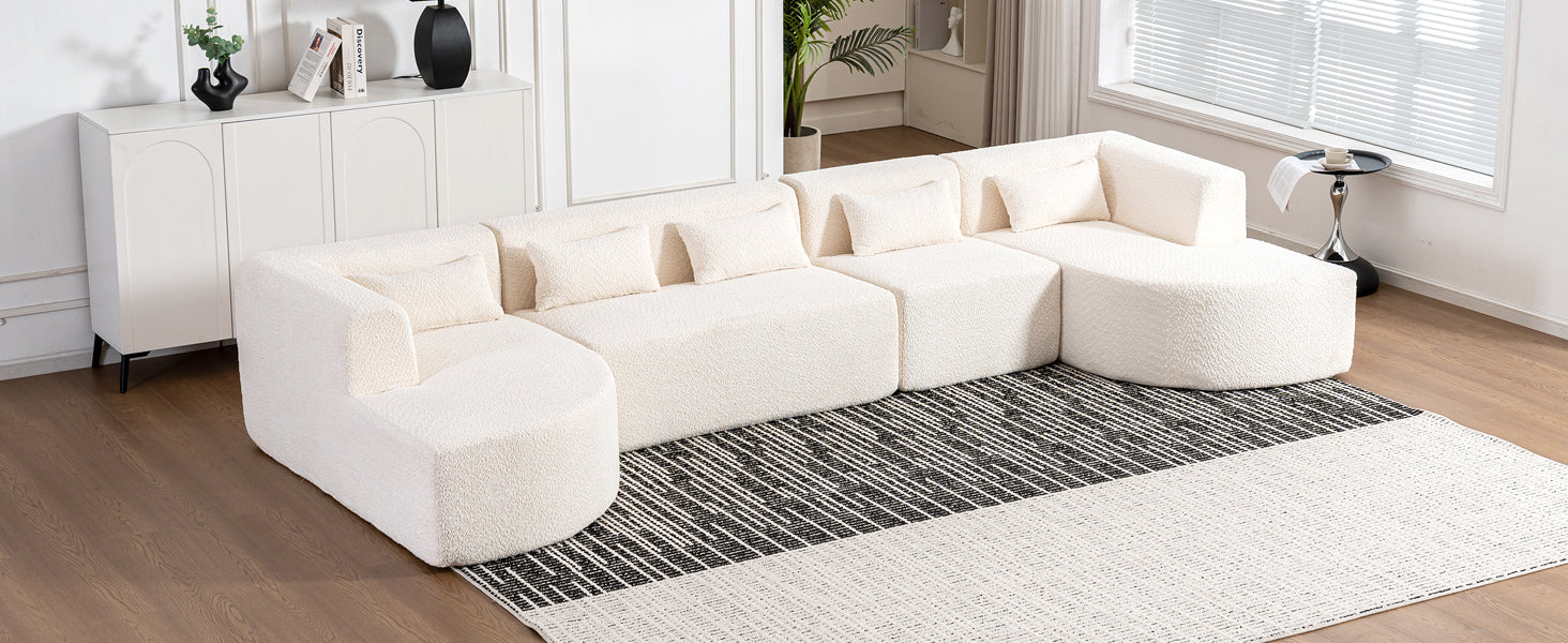 Modern Upholstered L-Shape Sofa with Chaise Lounge and Back Pillows, Beige Boucle Fabric, 144 inches - Grand Goldman Shop