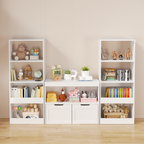 White Book Organizer with Large Drawers and Open Shelves, MDF Toy Storage Cabinet with Removable Wheels and Rounded Edges - G