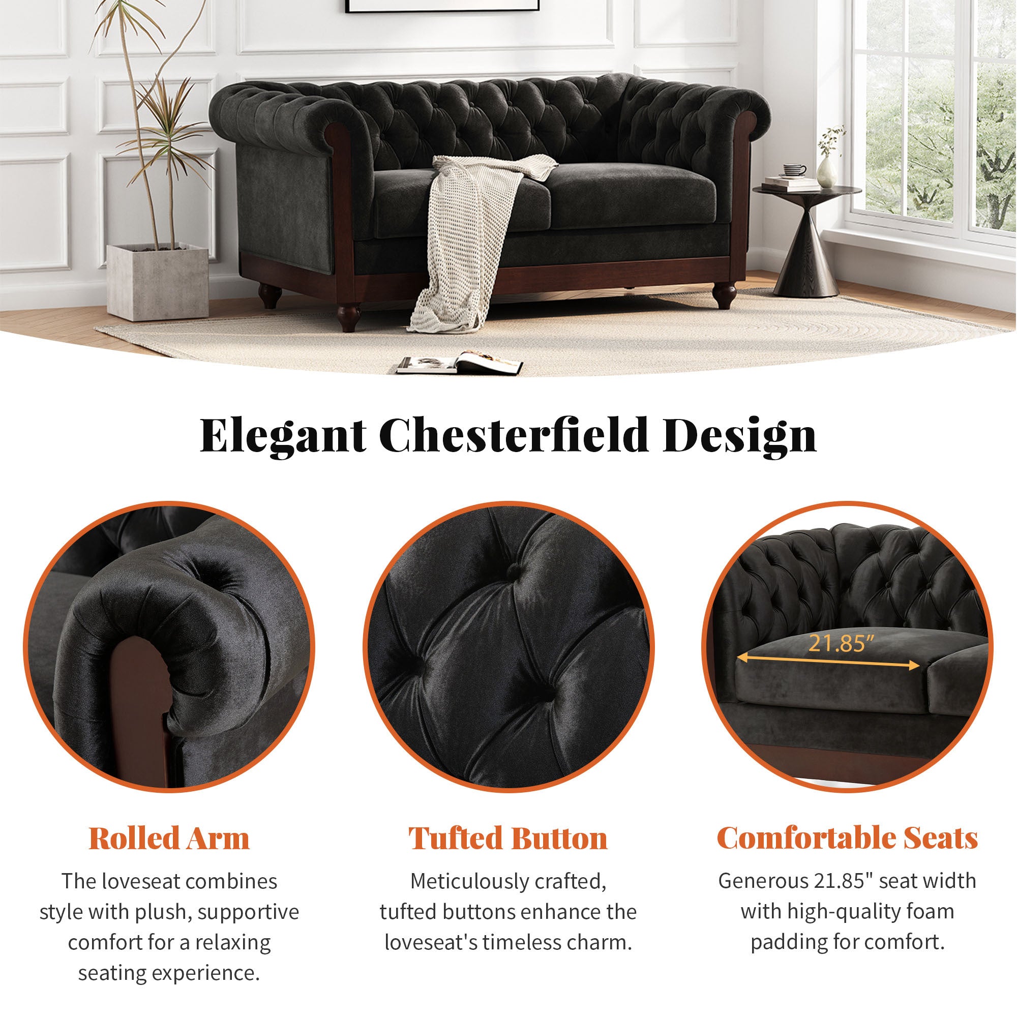 VIVALUX Chesterfield Velvet Loveseat Sofa, 2-Person Rolled Arm Upholstered Couch, Black, Pine Wood Frame, 59.44' - Grand Goldman Shop