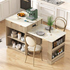 K&K 82.6' Fluted Kitchen Island with Extendable Dining Table for 4-6, Island Table for Kitchen with Power Outlet, Kitchen Table with Double-Side Storage, 2 Drawers 2 Side Open Shelves, Natural - Grand Goldman Shop