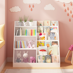 New Kids Bookshelf and Toy Storage Organizer, Multifunctional 4 Tier Wooden Kids Book Shelf with  Bookcase Display Stand in K