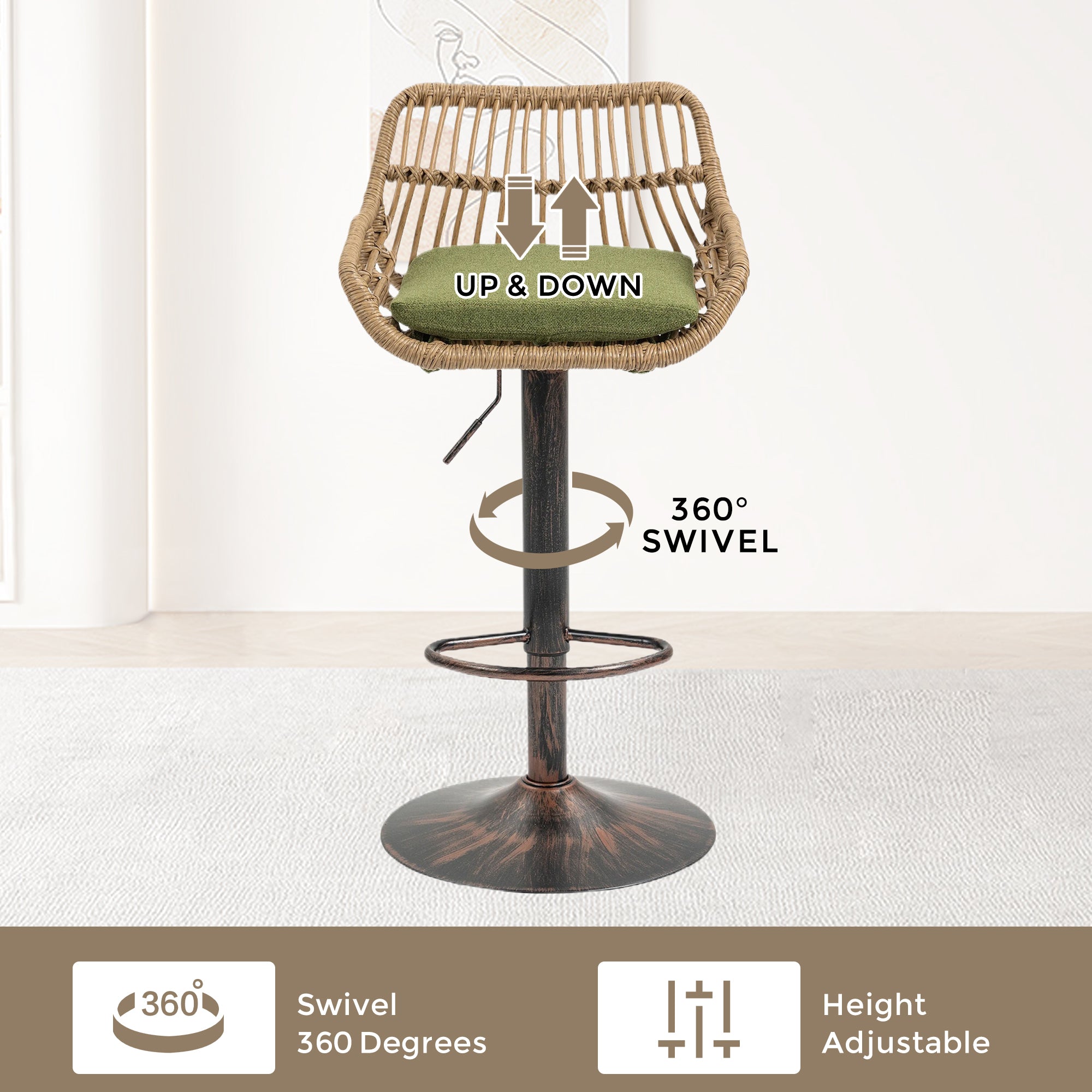 COOLMORE Modern Swivel Bar Stools Set of 2 with Adjustable Height and Footrest in Green Linen - Grand Goldman Shop