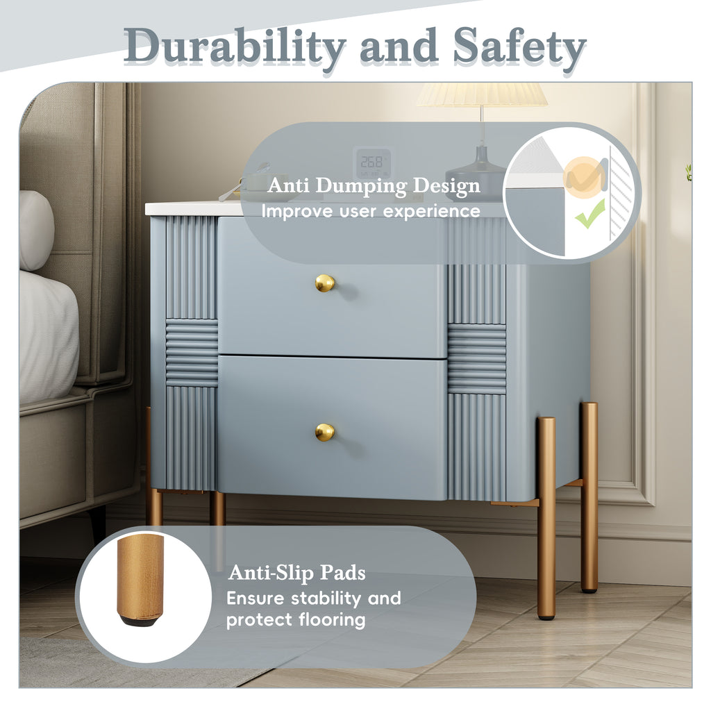 Modern Nightstand with 2 Storage Drawer, Fluted Bedside Table with Golden Metal Handles and Legs, End Table for Living Room and Bedroom, Easy Assembly, Blue - Grand Goldman Shop