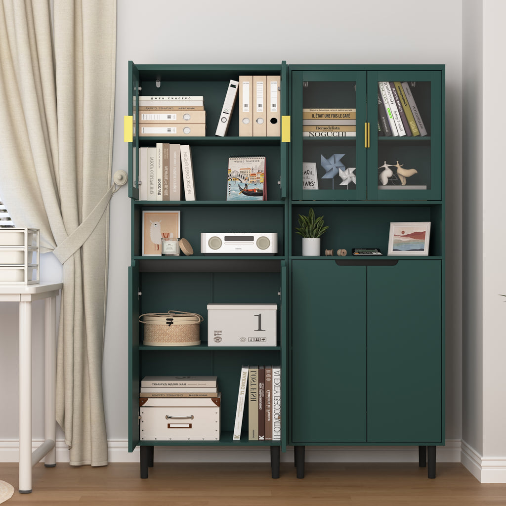 Tempered Glass Door Tall Storage Bookcase with adjustable board, 4 doors MDF painting finished cabinet, Green, Living room Bedroom storage - Grand Goldman Shop