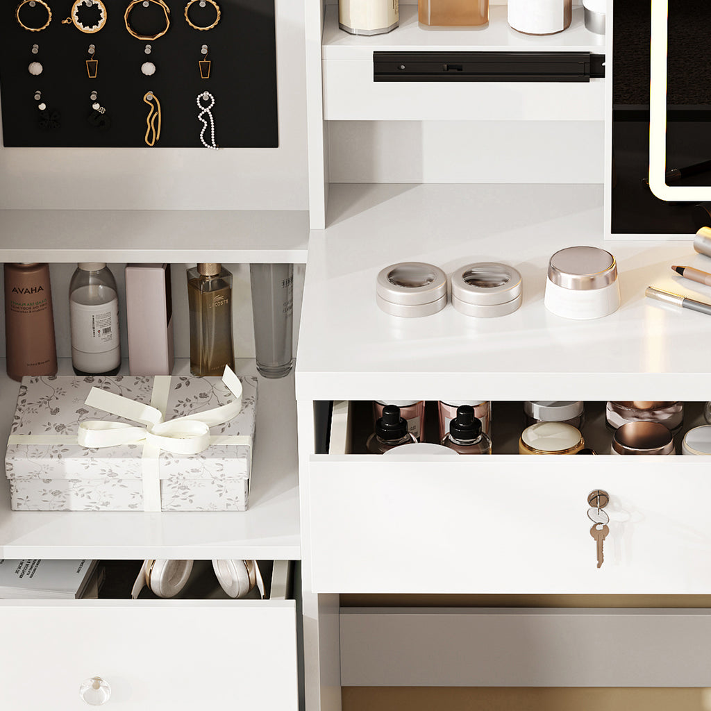Vanity Desk Set with Sliding Lighted Mirror, Makeup Dressing Table with 4 Drawers & 9 Storage Spaces, Hidden Compartments and Cushioned Stool, White Beauty Furniture for Bedroom - Grand Goldman Shop