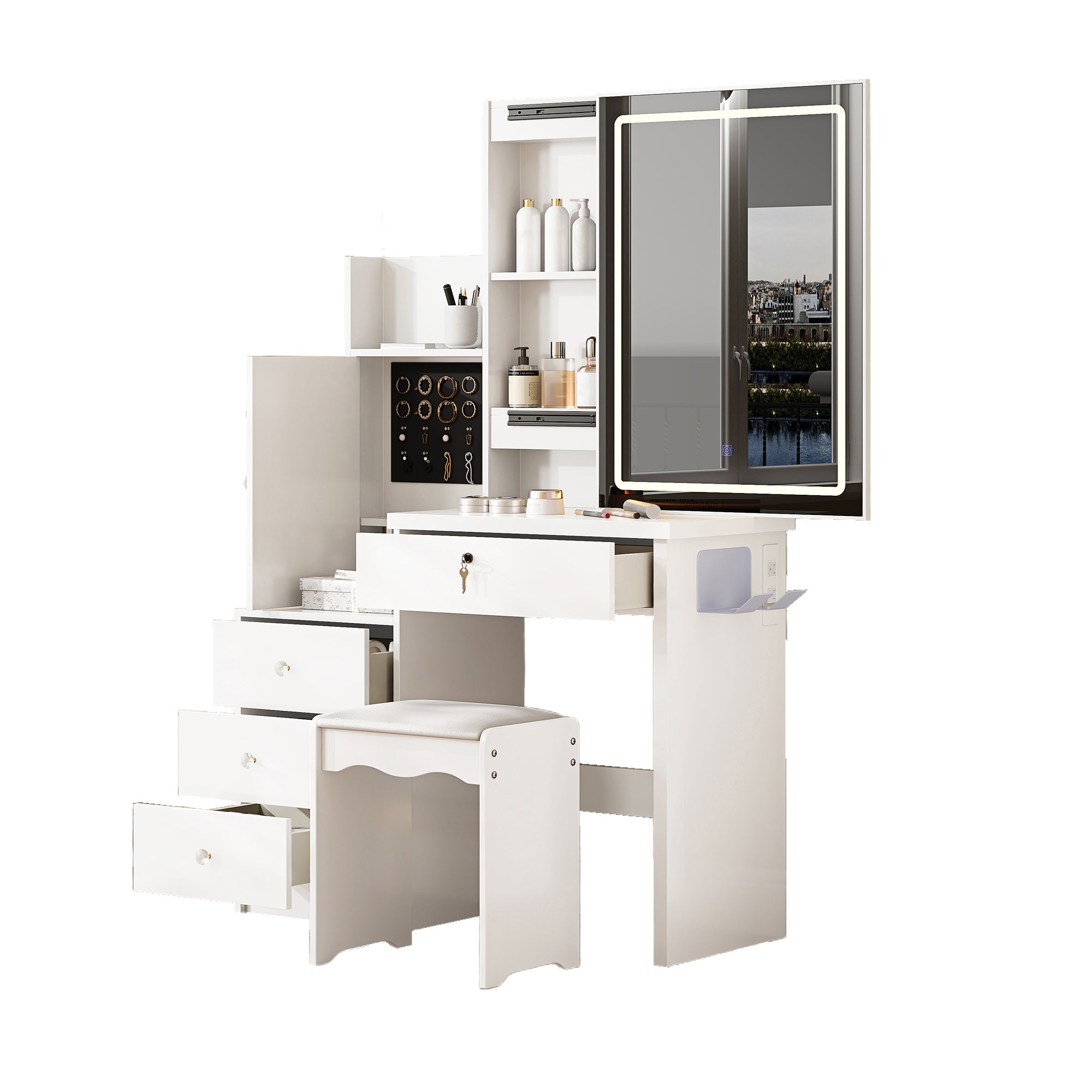 Vanity Desk Set with Sliding Lighted Mirror, Makeup Dressing Table with 4 Drawers & 9 Storage Spaces, Hidden Compartments and Cushioned Stool, White Beauty Furniture for Bedroom - Grand Goldman Shop