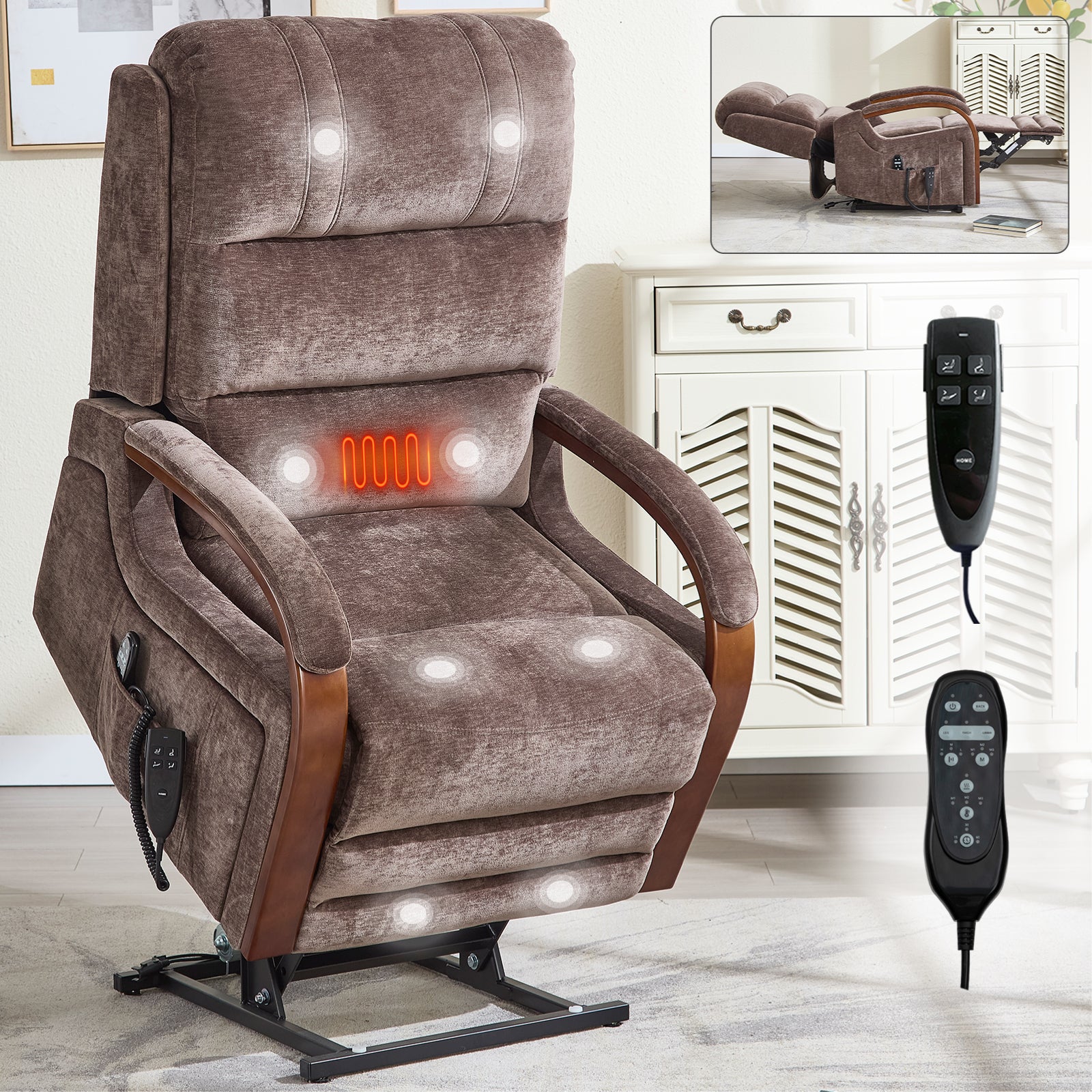 Power Brown Chenille Lift Recliner Chair Dual Motor Infinite Position Up to 350 LBS with Solid Wood Armrests, Heat Massage and Heavy Duty Motion Mechanism - Grand Goldman Shop