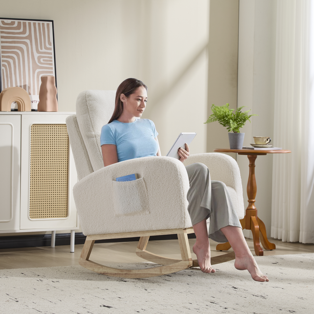 Modern Accent Rocking Chair Rocking Chair with Solid Wood Legs, Upholstered Nursery Glider Rocker, Comfy Armchair with Side Pocket, Living Room Lounge Arm Chair with High Backrest (white,teddy) - Grand Goldman Shop