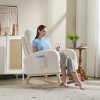 Modern Accent Rocking Chair Rocking Chair with Solid Wood Legs, Upholstered Nursery Glider Rocker, Comfy Armchair with Side Pocket, Living Room Lounge Arm Chair with High Backrest (white,teddy) - Grand Goldman Shop