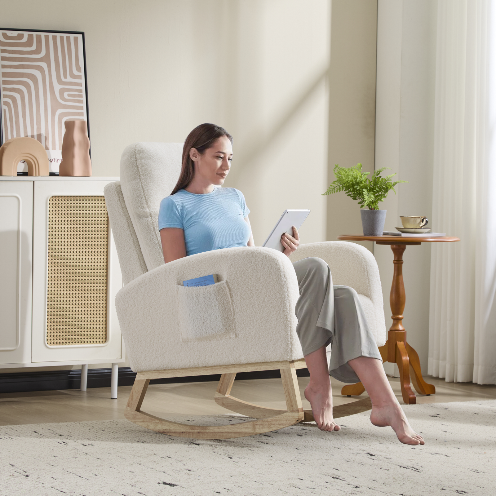 Modern Accent Rocking Chair Rocking Chair with Solid Wood Legs, Upholstered Nursery Glider Rocker, Comfy Armchair with Side Pocket, Living Room Lounge Arm Chair with High Backrest (white,teddy) - Grand Goldman Shop