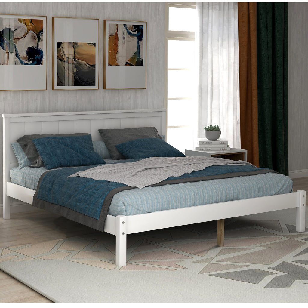 White Platform Bed Frame with Headboard, Wood Slat Support, No Box Spring Needed, Full Size, Made of Pine and MDF - Grand Goldman Shop