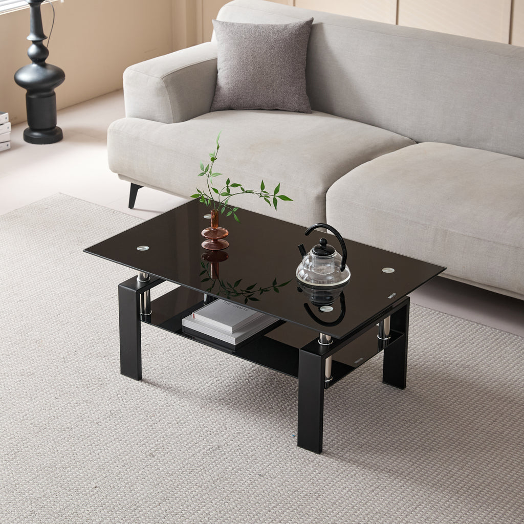 Modern Tempered Black Glass Coffee Table with 2-Layers and Waterfall Edges for Living Room - Grand Goldman Shop