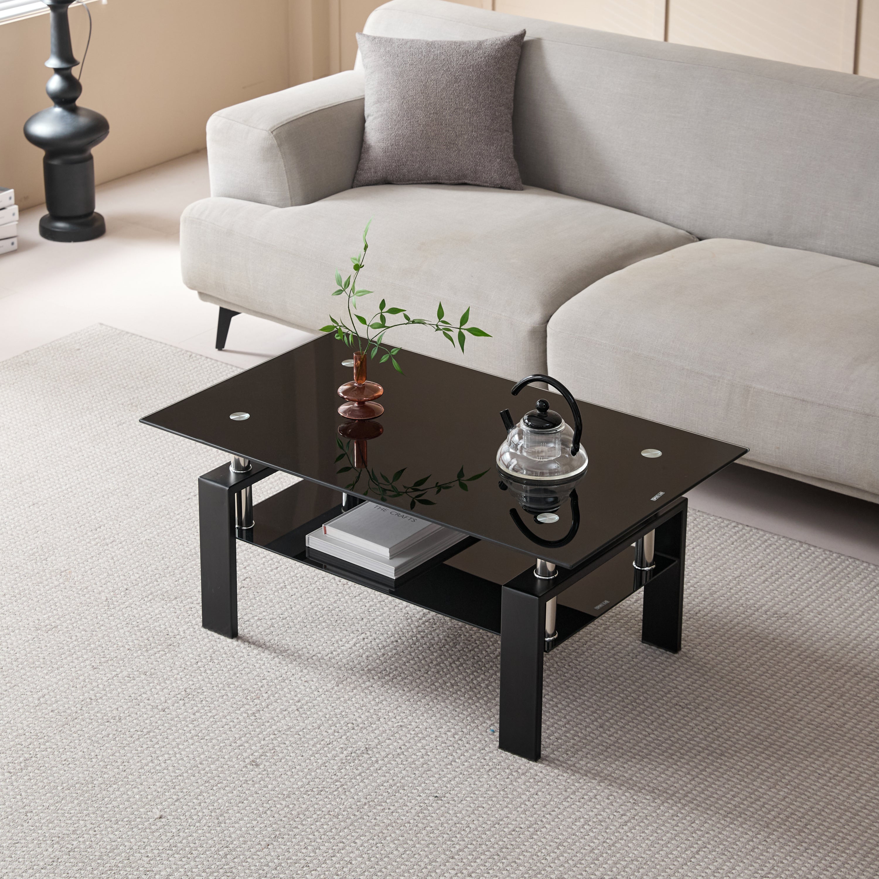 Modern Tempered Black Glass Coffee Table with 2-Layers and Waterfall Edges for Living Room - Grand Goldman Shop