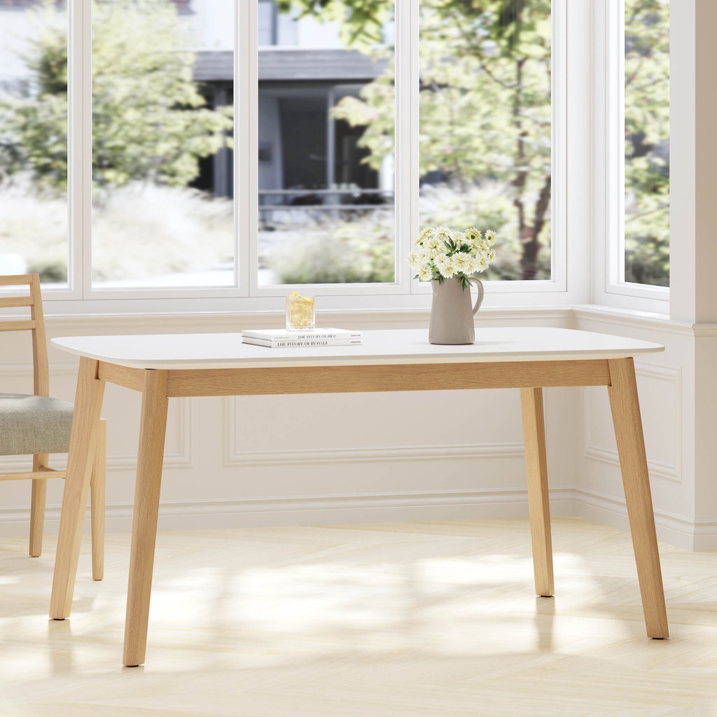Dining Table with Splayed Rubberwood Legs & Faux Wood Tabletop, Mid-Century Modern - Grand Goldman Shop