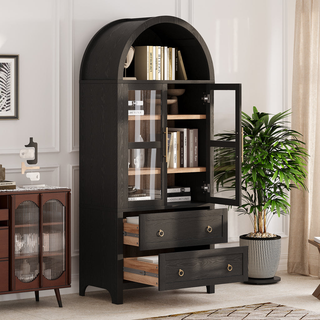 K&K 71' Tall Arched Kitchen Pantry Cabinet with 2 Large Drawers, Modern Farmhouse Kitchen Storage Cabinets with Adjustable Shelves, Glass Door, Wood Versatile Cupboard for Kitchens, Dining Room, Black - Grand Goldman Shop
